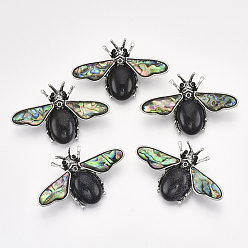 Blue Goldstone Synthetic Blue Goldstone Brooches/Pendants, with Rhinestone and Alloy Findings, Abalone Shell/Paua Shelland Resin Bottom, Bee, Antique Silver, 36x56.5x14mm, Hole: 7x4mm, Pin: 0.7mm