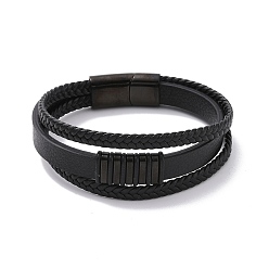Black Microfiber Multi-strand Bracelets, Braided Cord Bracelets for Men Women, with 304 Stainless Steel Magnetic Clasps & Beads, Electrophoresis Black, 8-1/2 inch(21.5cm)