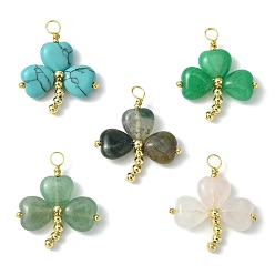 Mixed Stone Saint Patrick's Day Natural & Synthetic Mixed Gemstone Pendants, Clover Charms with Golden Plated Brass Findings, Mixed Dyed and Undyed, 29~29.5x25~26x5~5.5mm, Hole: 3.2~3.8mm