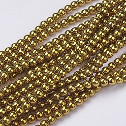 Plaqué Or Non-magnétiques perles d'hématite synthétique brins, ronde, plaqué or, 4mm, Trou: 1mm, Environ 100 pcs/chapelet, 15.7 pouce