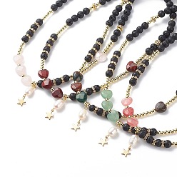 Mixed Stone Natural Lava Rock & Gemstone Heart Beaded Necklace, Natural Pearl with 304 Stainless Steel Star Charm Necklace for Women, 15.51 inch(39.4cm)