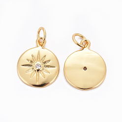 Golden Brass Charms, with Cubic Zirconia, Flat Round with Sun, Clear, Golden, 15x12x2mm, Hole: 3.5mm