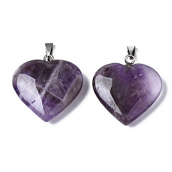 Amethyst Natural Amethyst Pendants, with Platinum Plated Brass Snap On Bails, Heart, 26~27x25~26x6~7mm, Hole: 7x2mm