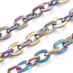 Rainbow Color Ion Plating(IP) 304 Stainless Steel Cable Chains, Unwelded, with Spool, Flat Oval, Rainbow Color, 4x3x0.7mm, about 32.81 Feet(10m)/Roll