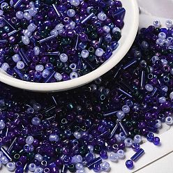 Indigo Perles de rocailles en verre de couleurs intérieures opaques et transparentes, trou rond, rond & tube, indigo, 1.5~9x2~3x2~3mm, Trou: 0.8~1mm, environ 450 g /sachet 