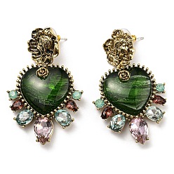 Heart Green Glass Dangle Stud Earrings, Antique Golden Alloy Earrings with 925 Sterling Silver Pins, Heart, 52x33mm