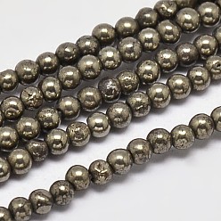 Pyrite Natural Pyrite Round Beads Strands, Grade A, 2mm, Hole: 1mm, about 200pcs/strand, 16 inch