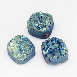 Green Plated Electroplated Natural Druzy Quartz Crystal Beads, Square, Green Plated, 14x14x8~10mm, Hole: 1.5mm
