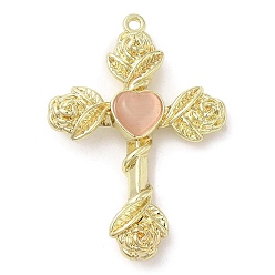 Pink Alloy with Glass Pendants, Cross with Rose Charms, Golden, Pink, 35x25x5mm, Hole: 1.4mm