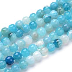 Deep Sky Blue Natural Striped Agate/Banded Agate Bead Strands, Dyed, Round, Deep Sky Blue, 6mm, Hole: 1mm, about 70pcs/strand, 15.7 inch