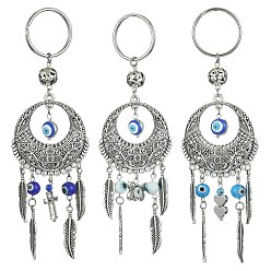 Mixed Shapes Handmade Lampwork Evil Eye Pendant Keychain, with 304 Stainless Steel Split Key Rings & Alloy Findings, Flat Round with Feather, Heart/Cross/Butterfly, Mixed Shapes, 14cm, 3pcs/set