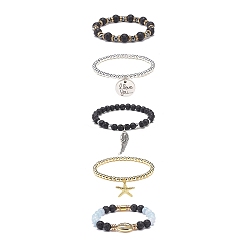 Mixed Stone 5Pcs 5 Style Natural Lava Rock & Natural Quartz & Synthetic Hematite Stretch Bracelets Set, Starfish & Wing & Word I Love You Alloy Charms Bracelets for Women, Inner Diameter: 2-1/8~2-1/4 inch(5.3~5.8cm), 1Pc/style