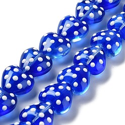Azul Cuentas de vidrio transparentes, con esmalte, corazón con lunares, azul, 13x14x9 mm, agujero: 1.2 mm, sobre 30 unidades / cadena, 14.57'' (37 cm)