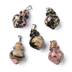 Rhodonite Natural Rhodonite Pendants, Pointed Bottle Charms, with Platinum Plated Iron Snap on Bails, 32.5~35x16~17mm, Hole: 3x5.5mm