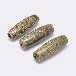 Olive Drab Tibetan Style 9-Eye dZi Beads , Natural Agate Beads, Dyed & Heated, Rice, Olive Drab, 29~30x9~11mm, Hole: 2.5~3mm