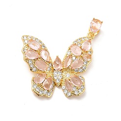 Real 18K Gold Plated Brass Micro Pave Clear Cubic Zirconia Pendants, with Pink Glass, Butterfly Charm, Real 18K Gold Plated, 27x32x5.5mm, Hole: 5.5x2mm