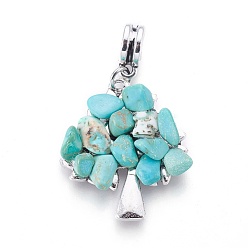 Synthetic Turquoise Alloy European Dangle Charms, with Synthetic Turquoise Chips, Tree, Antique Silver, 40mm, Hole: 4.5mm, 28x24x4~5mm