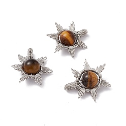 Tiger Eye Natural Tiger Eye Pendants, Sun Charms, with Rack Plating Platinum Tone Brass Findings, Cadmium Free & Lead Free, 26~28x24~28x10mm, Hole: 2x4mm