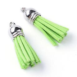 Yellow Green Faux Suede Tassel Pendant Decorations, with CCB Plastic Cord Ends, Platinum, Yellow Green, 35~37x10mm, Hole: 1.8mm