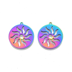 Rainbow Color Ion Plating(IP) 201 Stainless Steel Pendants, Flat Round with Sun, Rainbow Color, 27x25x1.5mm, Hole: 1.4mm