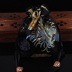 Черный Атласные упаковочные мешочки для ювелирных изделий в китайском стиле с цветочным узором, подарочные пакеты на шнуровке, прямоугольные, чёрные, 14x11 см