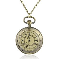 Antique Bronze Flat Round Alloy Quartz Pocket Watches, with Iron Chains and Lobster Claw Clasps, Antique Bronze, 31.4 inch, Watch Head: 65x47x13mm, Watch Face: 35mm
