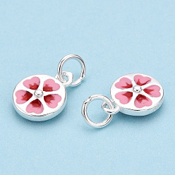 Pink 925 Sterling Silver Enamel Charms, with Jump Ring, Falt Round with Flower, Pink, 10x8x3mm, Hole: 3mm
