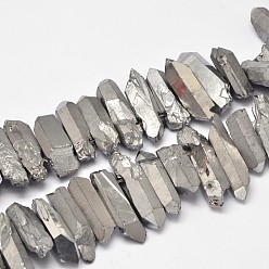 Silver Plated Electroplated  Natural Quartz Crystal Beads Strands, Nuggets, Tusk Shape, Silver Plated, 7~15x18~60mm, Hole: 1mm, about 46pcs/strand, 16 inch