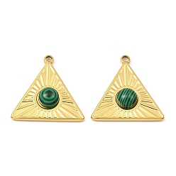 Malachite Natural Malachite Pendants, Ion Plating(IP) 316 Stainless Steel Triangle Charms, Real 24K Gold Plated, 21.5x21.5x5mm, Hole: 1.6mm