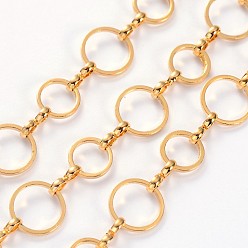 Golden Brass Chains, Unwelded, with Spool,  Golden,  about 8 and 10mm in diameter,  1mm thick, about 32.8 Feet(10m)/roll