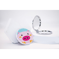 Pig DIY Round Mini Makeup Compact Mirror Diamond Painting Kits, Foldable Two Sides Vanity Mirrors Craft, Pig Pattern, 80mm, Mirror: 78mm in diameter