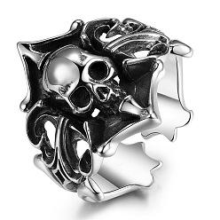 Antique Silver Alloy Pirate Skull Open Ring, Gothic Wide Ring for Women Men, Antique Silver, US Size 8(18.1mm)