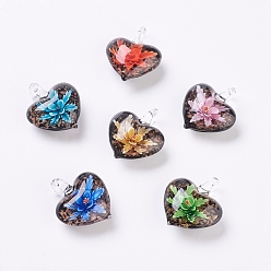 Mixed Color Handmade Lampwork Pendants, Inner Flower, Heart, Mixed Color, 38x33x16mm, Hole: 6x6mm