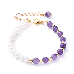 Amethyst Natural Pearl & Natural Amethyst Beaded Bracelets, with Iron Chain Extender, 304 Stainless Steel Lobster Claw Clasps and Brass Beads, 7-1/4 inch(18.5cm)