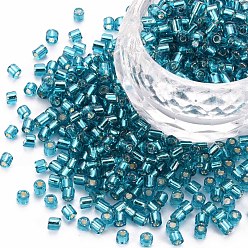 Turquoise Foncé 8/0 perles de bugle de verre, Argenté, turquoise foncé, 2.5~3x2.5mm, Trou: 1mm, environ 15000 pcs / livre