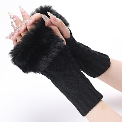 Black Polyacrylonitrile Fiber Yarn Knitting Fingerless Gloves, Fluffy Winter Warm Gloves with Thumb Hole, Black, 200~260x125mm