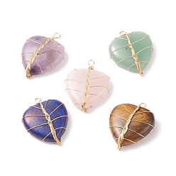 Mixed Stone Natural Mixed Stone Pendants, with Light Gold Tone Copper Wire Wrapped, Heart, 38~41x30~31x9mm, Hole: 3~4mm