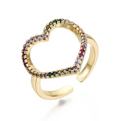 Настоящее золото 16K Латунные микро проложить манжеты кольца кубического циркония, открытые сердечные кольца, без никеля , красочный, реальный 16 k позолоченный, внутренний диаметр: 17 мм