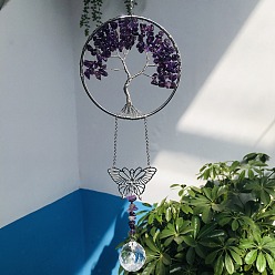 Amethyst Glass Teardrop Pendant Decoration, Hanging Suncatchers, with Natural Amethyst Chip Tree of Life, for Window Home Garden Decoration, Butterfly, 370mm