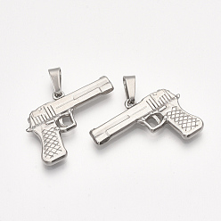 Stainless Steel Color 304 Stainless Steel Pendants, Gun Shape, Stainless Steel Color, 22x30x3mm, Hole: 8x3.5mm