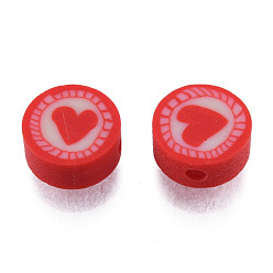 Red Handmade Polymer Clay Beads, Flat Round with Heart, Red, 9.5~10x4.5~5mm, Hole: 1.6mm