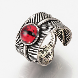 Red Adjustable Alloy Cuff Finger Rings, with Glass Findings, Wide Band Rings, Feather with Dragon Eye, Red, Size 9, 19mm