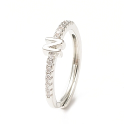 Letter N Clear Cubic Zirconia Initial Letter Adjustable Ring, Platinum Brass Jewelry for Women, Letter.N, Inner Diameter: 18mm