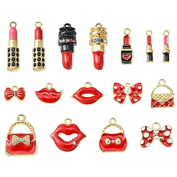 Mixed Color 16Pcs 16 Style Alloy Enamel Pendants, with Crystal Rhinestone and ABS Plastic Imitation Pearl Beads, Lip/Lipstick/Lipstick/Bag, Mixed Color, 11.5~26x4~19.5x1~6mm, Hole: 1.4~2mm, 1pc/style