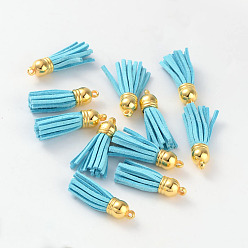Light Sky Blue Suede Tassels, with CCB Plastic Findings, Nice for DIY Earring or Cell Phone Straps Making, Golden, Light Sky Blue, 38x10mm, Hole: 2mm