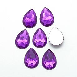 Violet Foncé Cabochons en acrylique strass dos plat, facette, argent fond plaqué, larme, violet foncé, 25x18x5mm