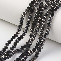Black Electroplate Opaque Glass Beads Strands, Half Black Plated, Faceted, Rondelle, Black, 2x1.5mm, Hole: 0.4mm, about 195pcs/strand, 11 inch(28cm)