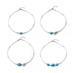 Stainless Steel Color 4Pcs 4 Style Natural Pearl & Shell & Dyed Synthetic Turquoise Beaded Necklaces Set, Gemstone Starfish & Tortoise Ocean Theme Necklaces for Women, Stainless Steel Color, 16.14 inch(41cm), 1Pc/style