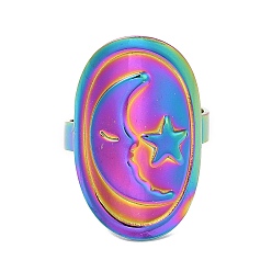 Rainbow Color Ion Plating(IP) 304 Stainless Steel Moon with Star Open Cuff Ring for Women, Rainbow Color, Inner Diameter: 18mm
