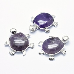Amethyst Natural Amethyst Pendant, with Alloy Findings, Tortoise, Platinum, 38x30.5x8.2mm, Hole: 3x4.5mm
